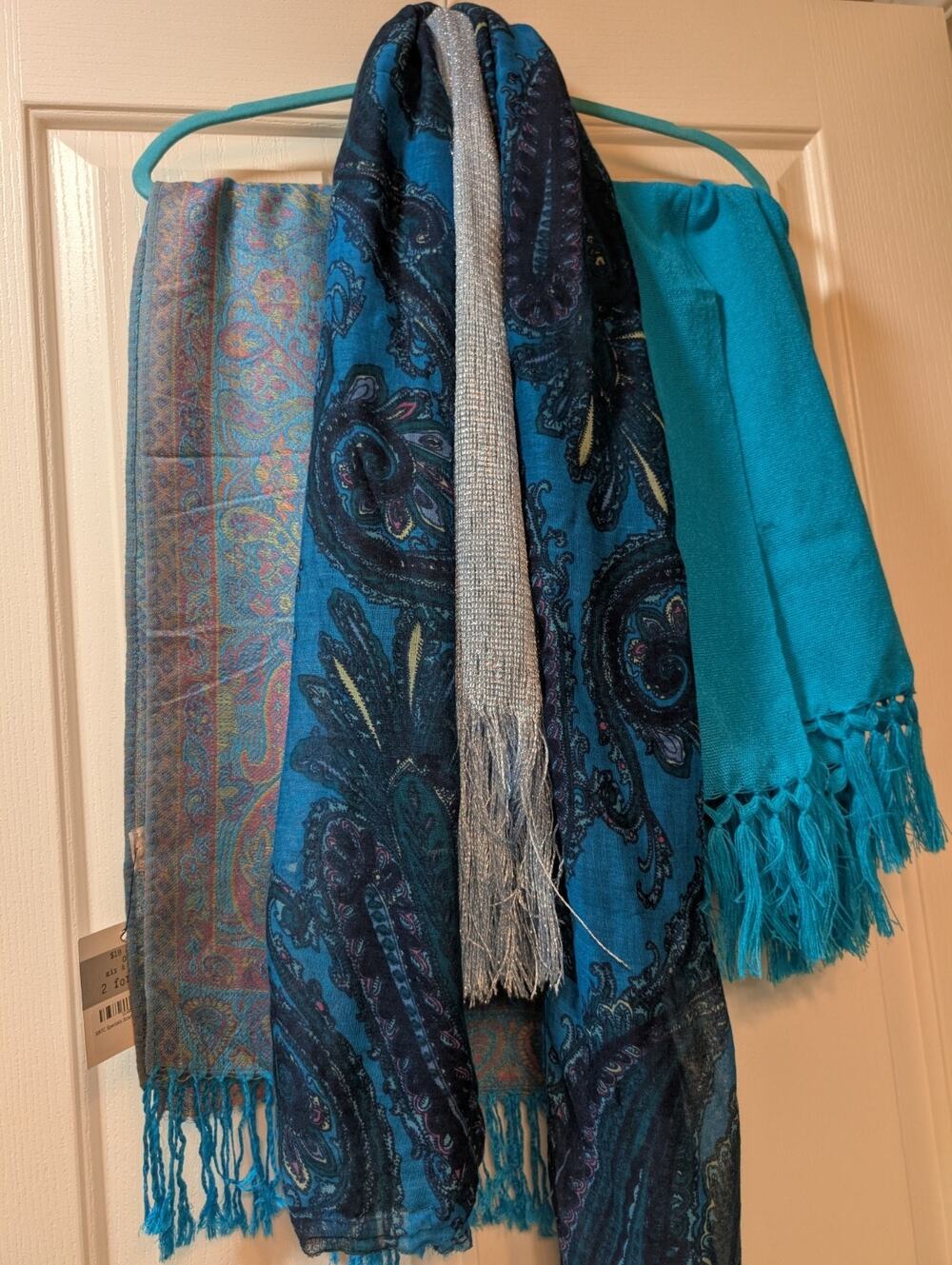 Scarfs Set of 4 Teals Blues Paisley Solid Patterns SET -- READ